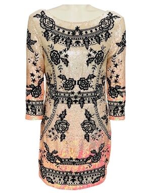 NEEDLE & THREAD LIGHT PINK / BLACK IRIDESCENT SEQUINED FLORAL EMBROIDERY OMBRE M